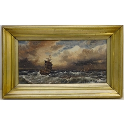  Duncan Fraser Mclea (British 1841-1916): Fishing Boats in Stormy Weather, oil on canvas signed 24.5cm x 49.5cm  