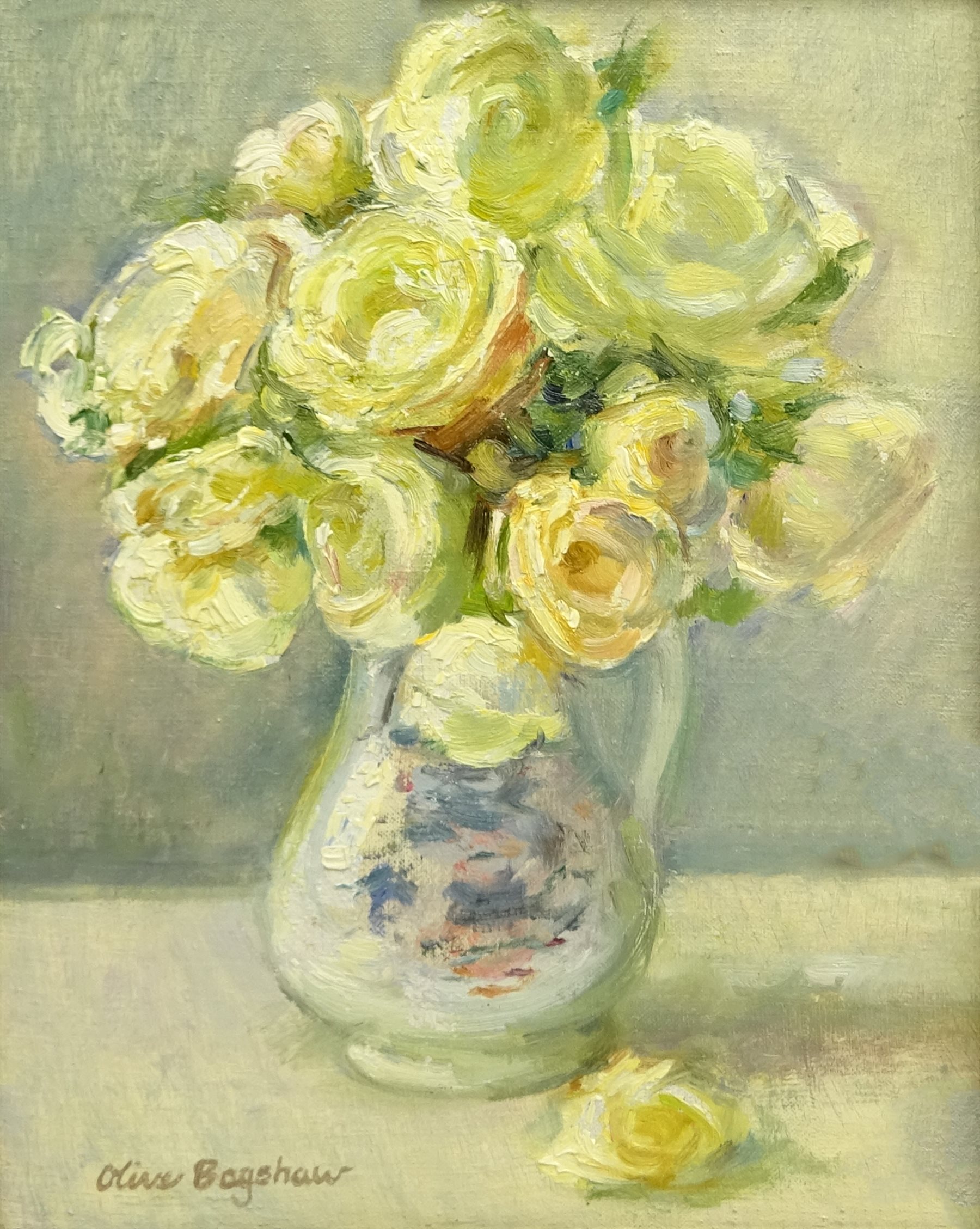 Olive Bagshaw (Northern British fl.19651978) Still Life of Roses in a Jug, oil on canvas laid