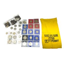 Coins including Great British commemorative crowns, old round one pounds, 1994 and other similar two pound coins, two five pound coins, United States of America 1974 one dollar coin, etc