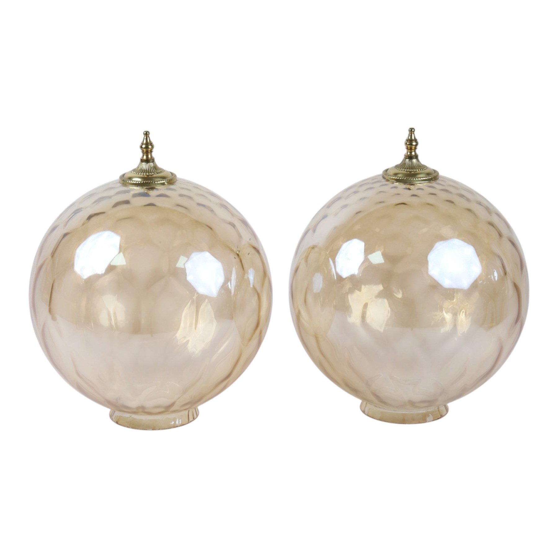 Two dome glass light shades, with brass details, H34cm