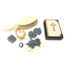  Edwardian silver vesta case, Chester 1901, silver mounted ivorine cased bible, Victorian cameo brooch, pair of leaf shaped belt buckles with turquoise chip mosaic inlay, silver backed brush etc  