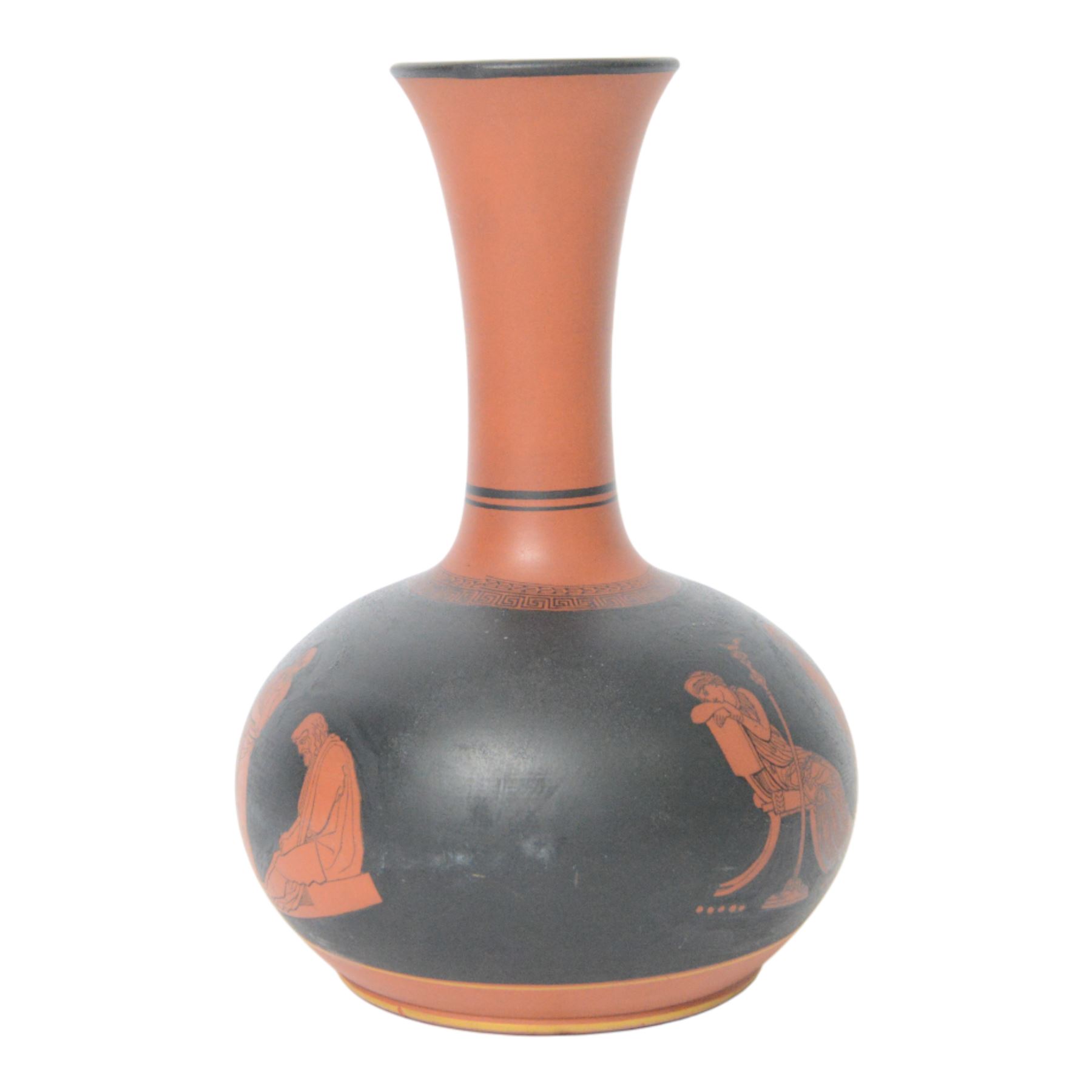 Bishops Waltham vase, of squat baluster form with elongated fluted rim, decorated with classical figures and Greek key banding, H21cm