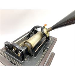 Edison Standard Phonograph with oak base (no cover), the reproducer marked 'Model C', serial no. 634857, last patent date Oct.1905, with black japanned conical horn L33cm; together with five cylinders