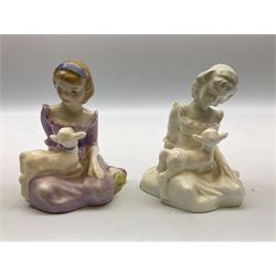 Seven Royal Doulton figures from the Nursery Rhymes Collection comprising, Tom Tom, the piper's son HN3032, Little Jack Horner HN3034, Wee Willie Winkie HN3031, Polly, put the kettle on HN3021, Little Bo-peep HN3030, Little Boy Blue HN3035, Little Miss Muffet HN2727, together with two Royal Doulton Mary had a little lamb figures HN2048 and COPR1948, all with printed marks beneath  