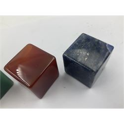 Ten cube mineral specimens, each cut and polished to highlight natural formations, including tiger eye, green aventurine, rose quartz, opalite, amethyst etc, H3cm 