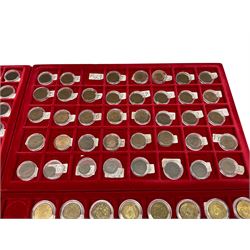Mostly Great British coins, including George III 1806 farthing, George IIII 1822, 1825 and 1830 farthings, Queen Victoria 1887 halfpenny, various King George VI and Queen Elizabeth II brass threepence pieces etc, housed in four coin trays