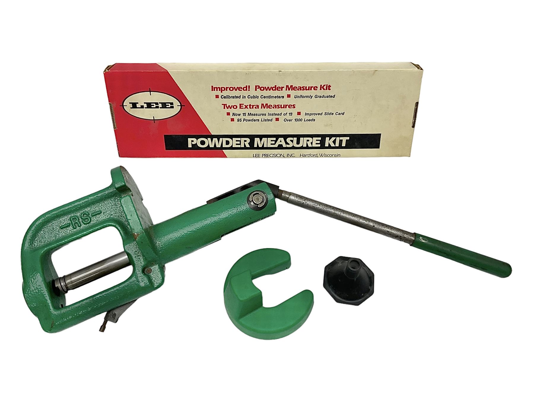 RCBS single station loading press with shell holder and powder funnel; and boxed Lee Powder Measure Kit