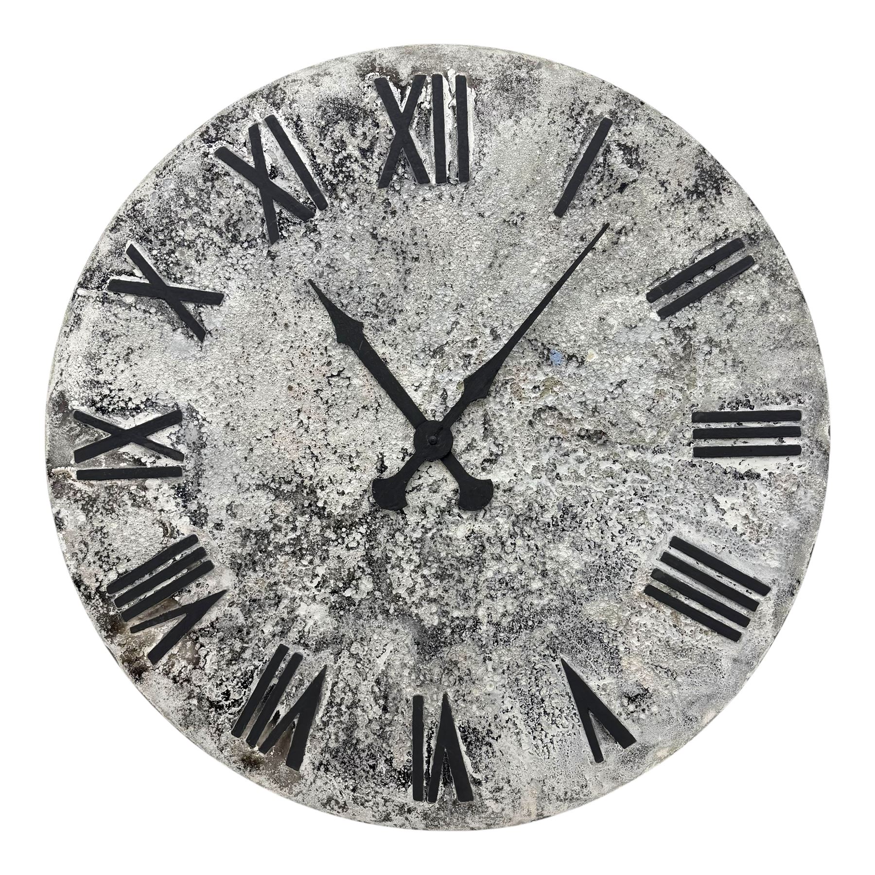 Substantial contemporary wall clock, mottled grey face with black Roman numerals and black spade hands, backed by a grey-painted metal panel