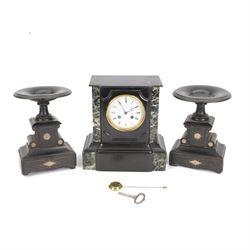 French-late 19th century Belgium slate mantle clock with a break-front case, flat pediment...