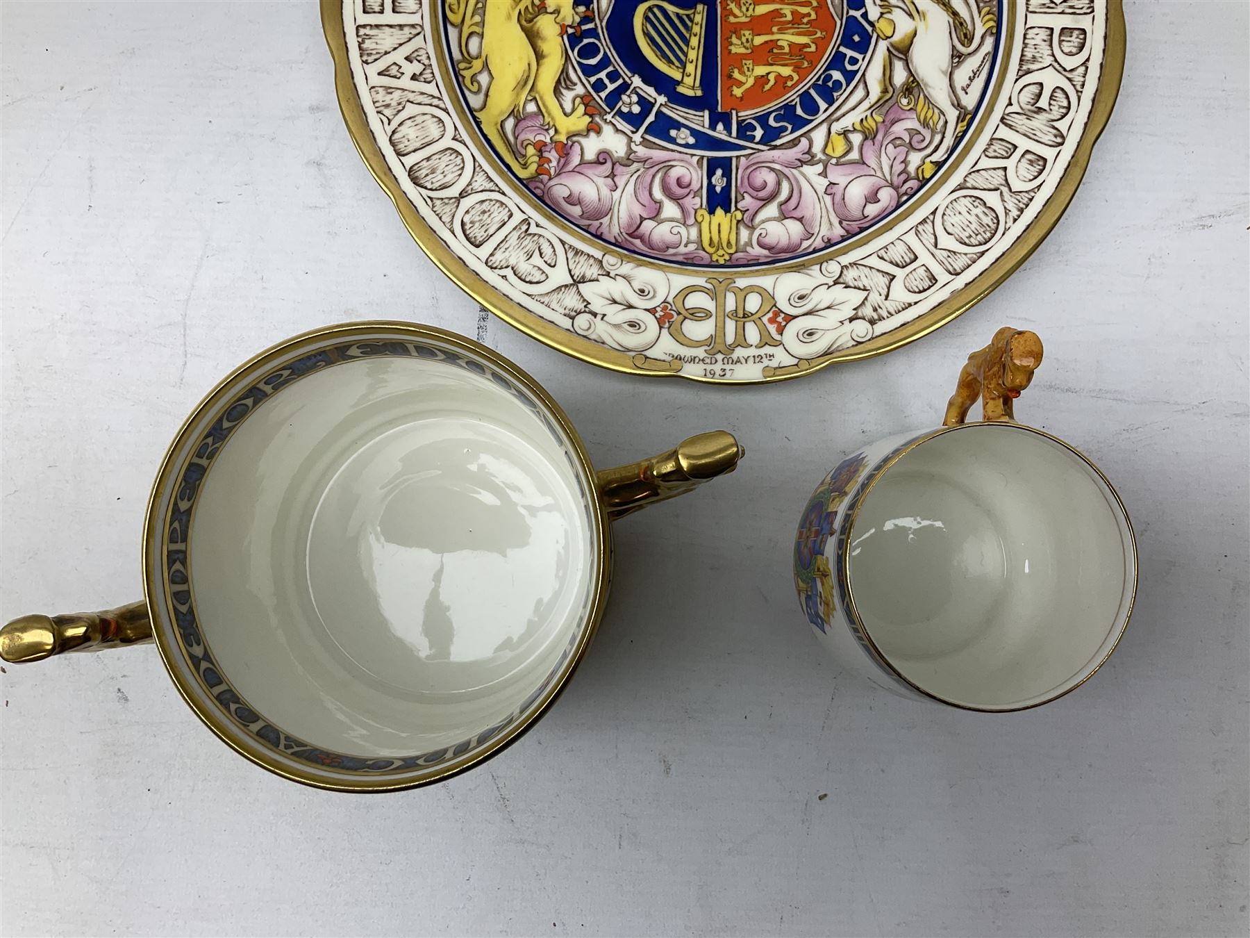 Paragon Edward VIII Coronation commemorative ware to include twin handled loving cup, H10.5cm, cup and plate, all with printed marks beneath (3)