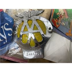 Chrome AA Members Badge, No 2A67754, together with two Raphael Tuck & Sons Christmas cards, cigarette cards, postcards and other ephemera 