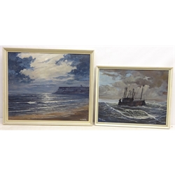  Scarborough North Bay and Fishing Boat in Storming Weather, two 20th century oils on canvas board signed by Stan Hepples one dated '78, 49cm x 59cm and 40cm x 50cm (2)  