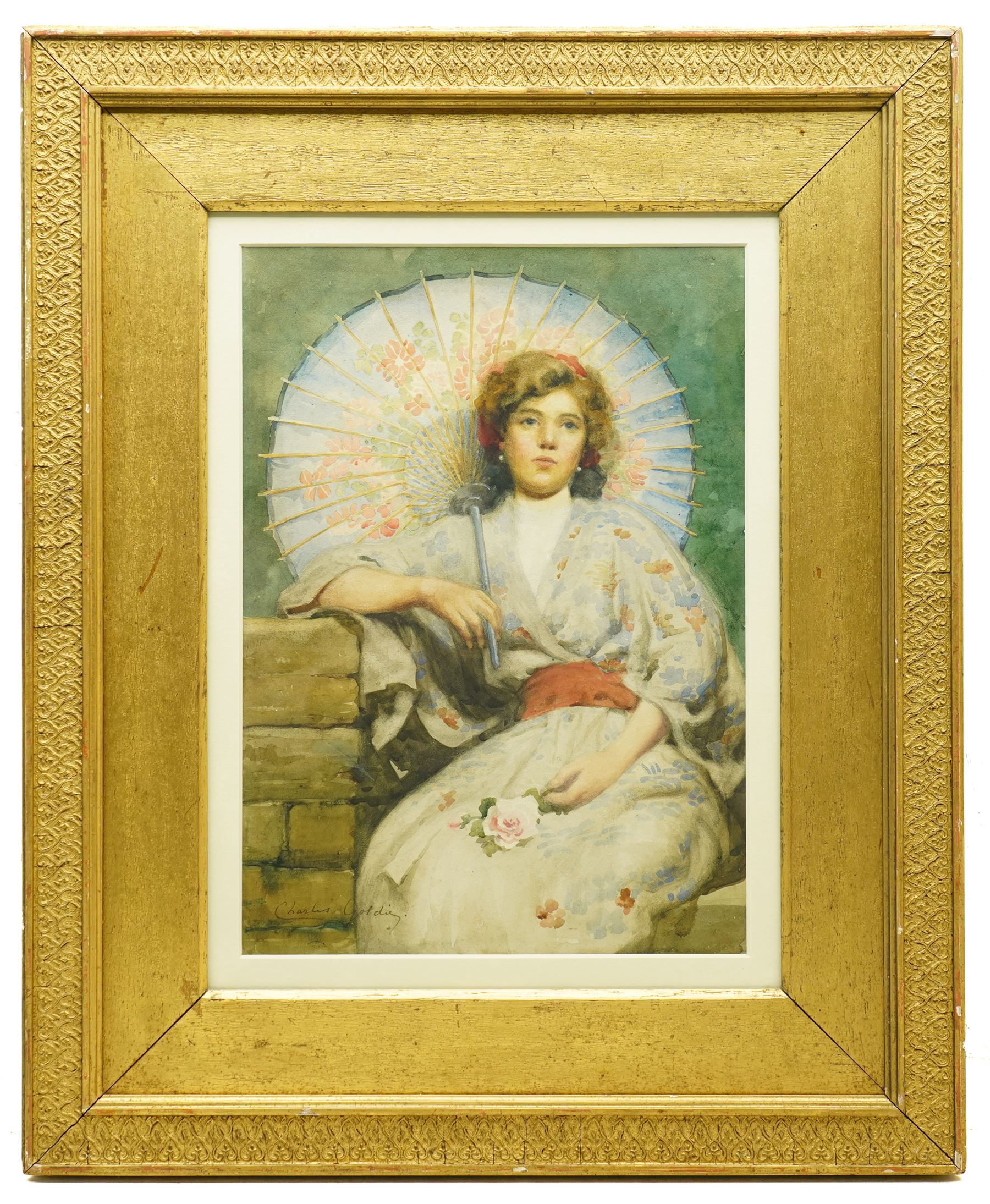 Charles Alphonse Goldie (British 19th/20th century): Portrait of a Chinoiserie Girl Holding a Parasol, watercolour signed 35cm x 25cm