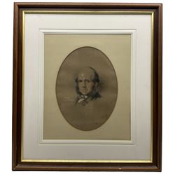 William Huggins (British 1820-1884): Portrait of a Victorian gentleman, mixed media oval portrait on buff paper signed and dated 1863, inscription verso indicates the sitter to be Francis Owen 36cm x 27cm