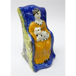  18th/ 19th century Prattware type model of woman with cat in rocking chair with spongeware decoration, H8cm Provenance: From a Private Yorkshire Collector  