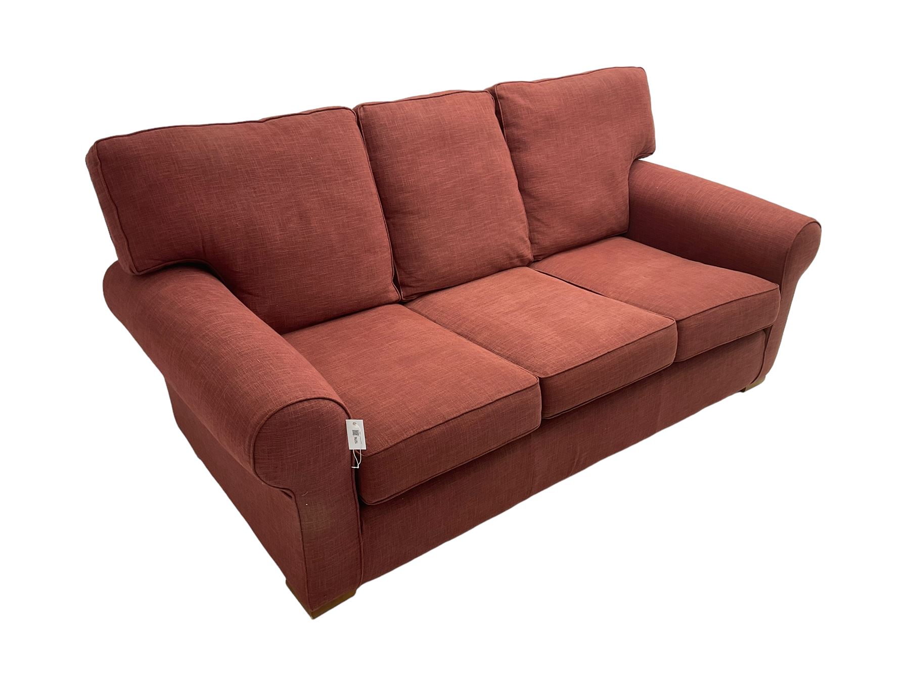 Multiyork - traditional three seat sofa upholstered in claret red fabric (W200cm H80cm); and pair matching armchairs (W103cm) 