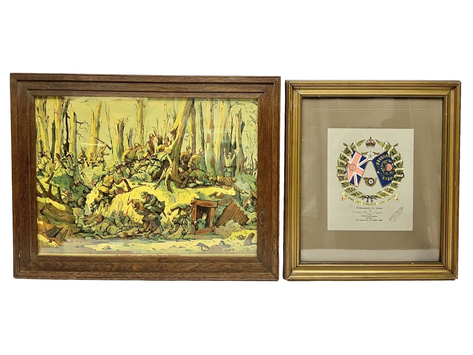 WW1 chromolithograph print of a battle scene with French and German soldiers in a wood, entitled 'De Wereldoorlog 1914-18 Slag Van Houthulst' 35 x 49cm, oak frame; and a framed WW1 regimental testimonial to 49744 Pte. E. Jagger KOYLI, gilt frame (2)