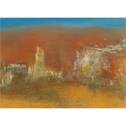 Madeleine Eyland (Belgian/British 1930-2021): 'Deserted Village', pastel signed, titled verso 33cm x 46cm 
Provenance: artist's studio collection. Marie-Madeleine Eyland (neé Legrain) was born in 1930 at Floriffoux, Belgium; she lived most of her life in Scarborough working as a nurse and an artist.