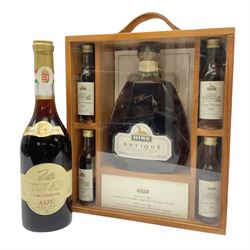 Presentation set comprising Hine Antique cognac 70cl, 40% volume and four miniature bottles of Hine cognac, 1957, 1960, two 1982, all 5cl, 40%   together with bottle of Tokaji sweet wine, 500ml, 13%