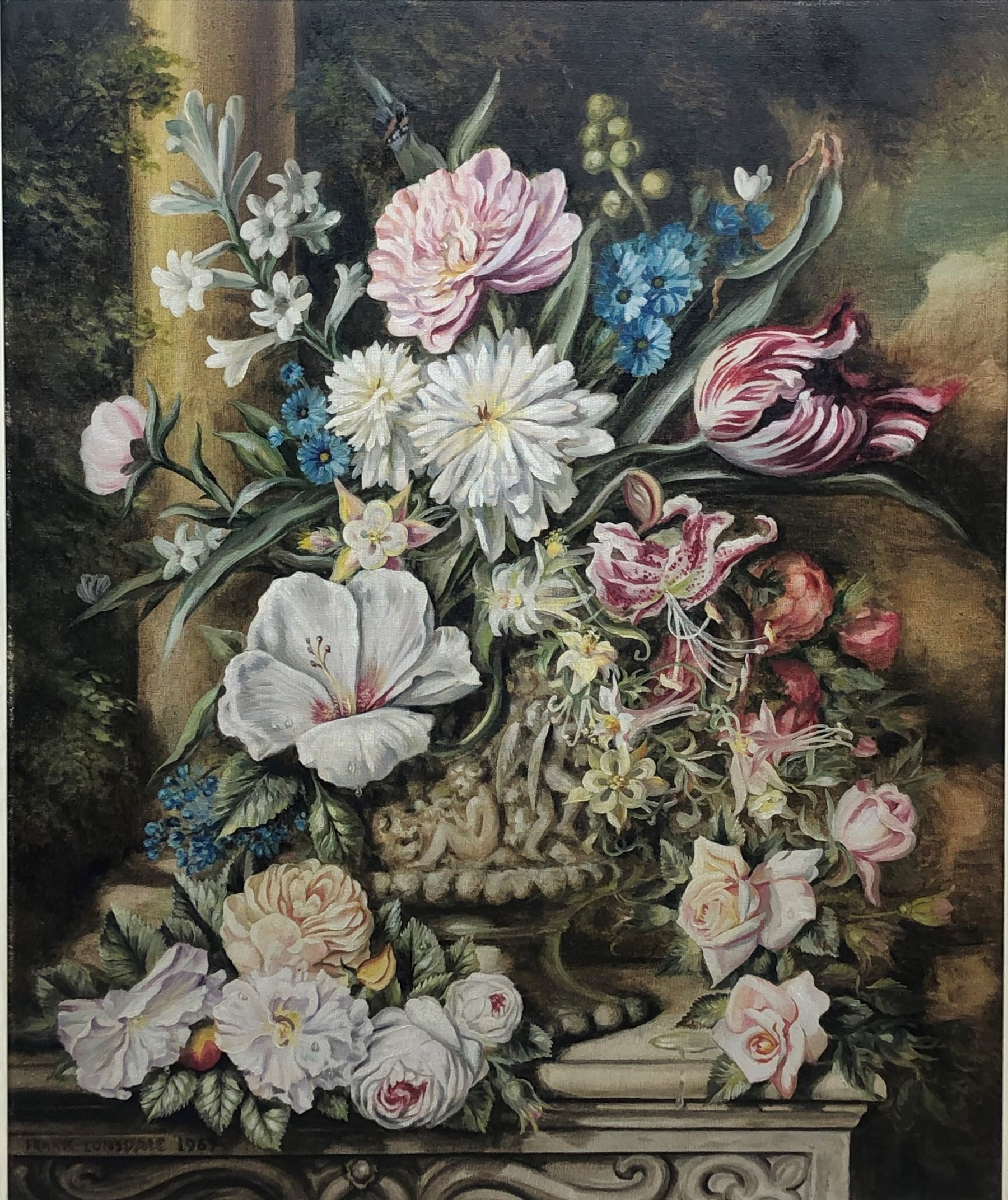 Frank Lonsdale (British 20th century): Still Life of Flowers on a Ledge, oil on board signed and dated 1967, 74cm x 62cm