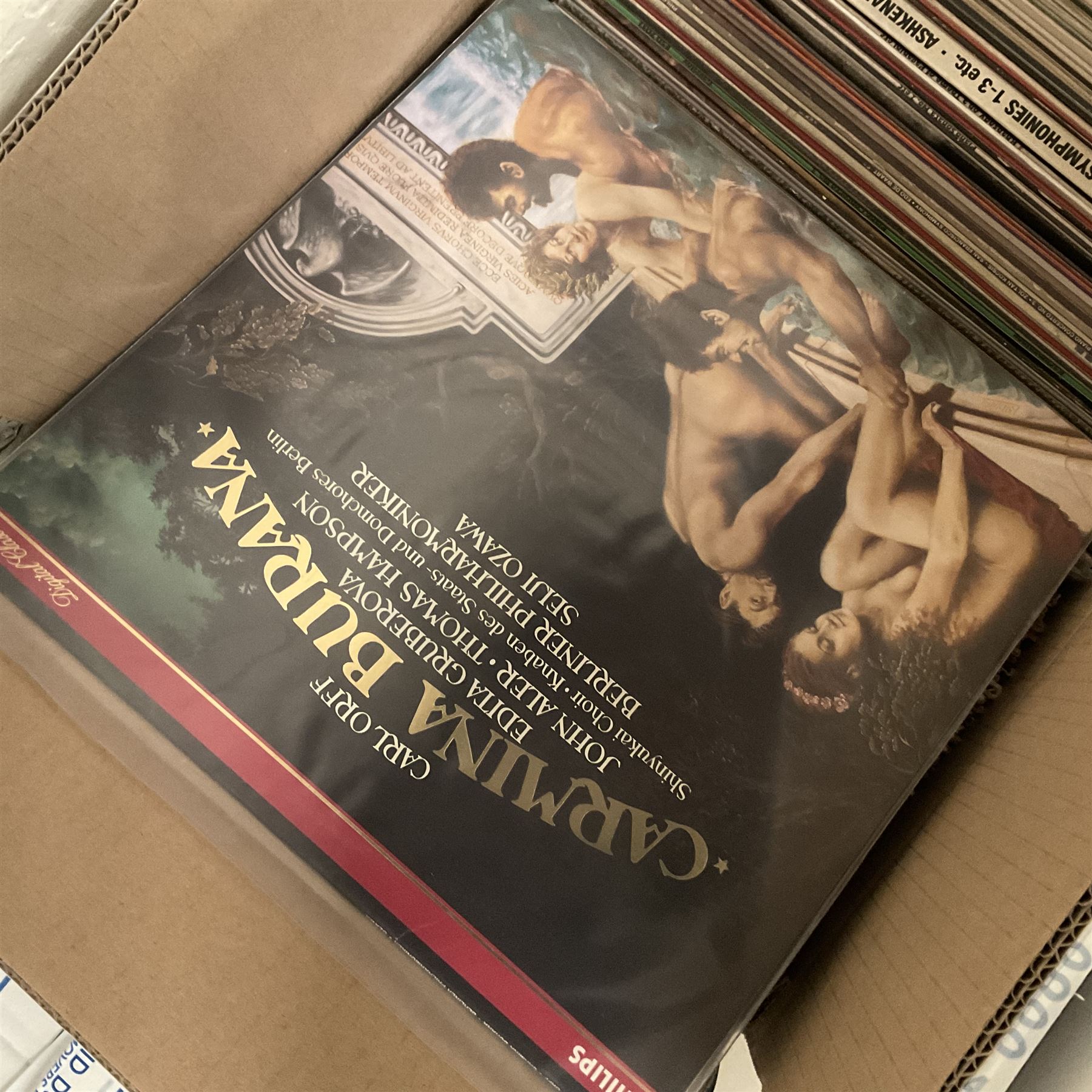 Collection of vinyl LP records in four boxes, mainly Jazz and Classical including Piano Rags by Scott Joplin, Sarah Vaughn, Duke Ellington and His Orchestra and Louis Armstrong, etc