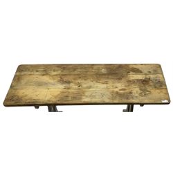 20th century oak refectory dining table, rectangular stripped top on painted base, shaped end supports on sledge feet united by two pegged stretchers