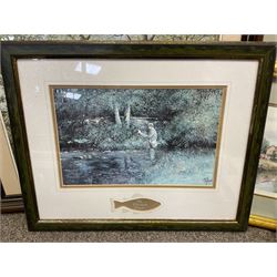 E A Harvey (British 20th century); Suburban landscape watercolour signed and dated together with watercolour of a forest and four landscape prints (6)