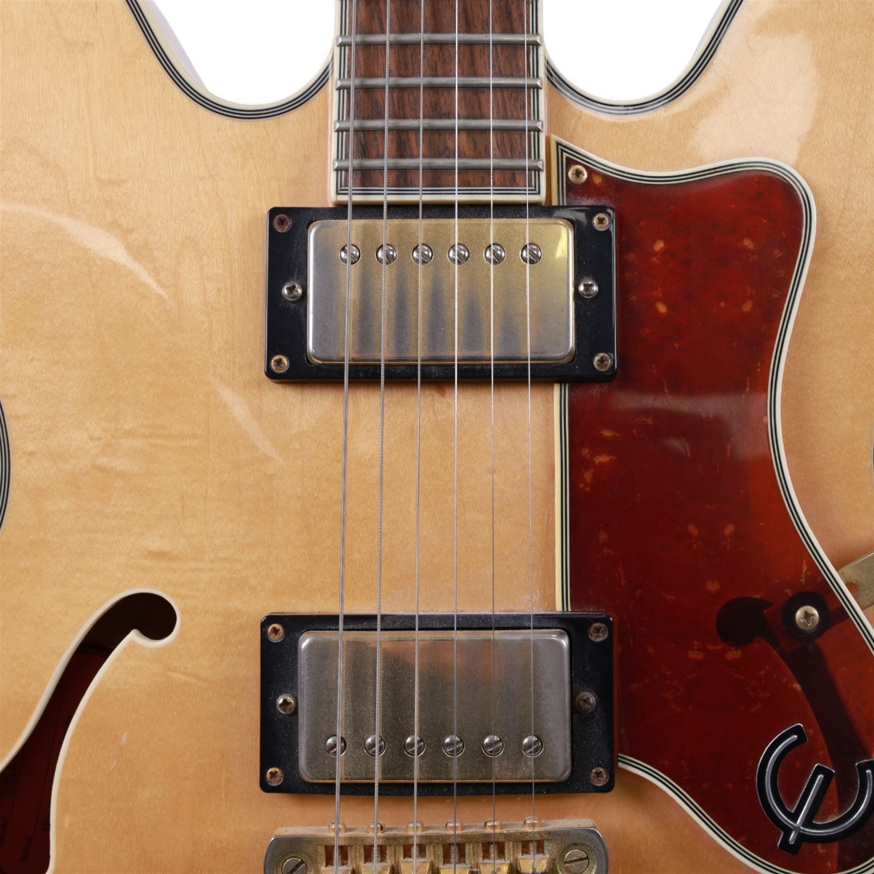 Epiphone by Gibson Sheraton semi-hollow electric guitar, serial no. S98081744 made in Korea c.1998, with natural blonde body, maple neck, fretboard with abalone and mother of pearl split block markers, with inlaid mother of pearl tree of life design and Epiphone logo to headstock, L109cm