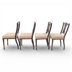Quality Edwardian seven piece inlaid salon suite, comprising three seater settee, pair of arm chairs and four chairs with pierced splat backs, upholstered in pale pink fabric, inlaid with flowering urns, upon tapering legs with spade feet and castors