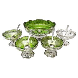 Silver open fretwork dessert service comprising of a pedestal with green glass liner and four matching single handle pedestal bowls and spoons, three with green glass liners by Walker & Hall, Sheffield 1935/36, silver approx 43.3oz