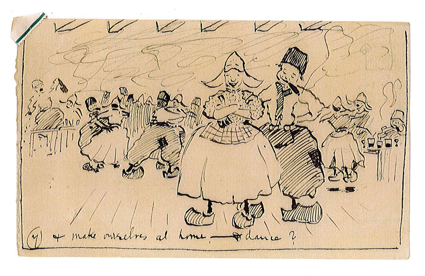 Frank Henry Mason (Staithes Group 1875-1965): Kermis Time at the Hotel Spaander Volendam - seven comical caricature sketches, pen and ink each titled and numbered 1 - 7 on five pieces of paper each 10cm x 17cm (unframed) Provenance: from the estate of Christine Dexter and by descent from the artist's sister Eleanor Marie (Nellie)