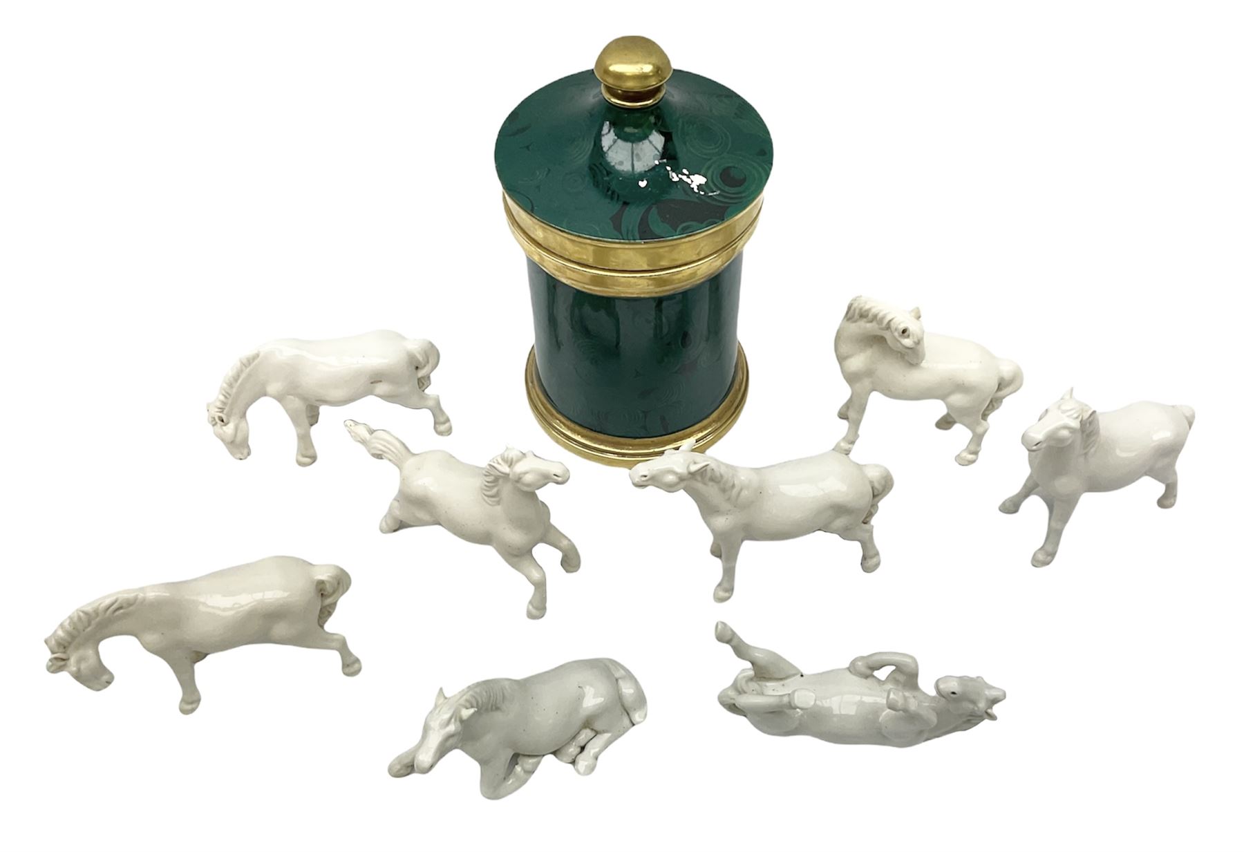 Portmeirion Malachite pattern jar and cover designed by Susan Williams-Ellis, together with a eight Viennese white glazed porcelain figures, modelled as horses in various poses, in one box 
