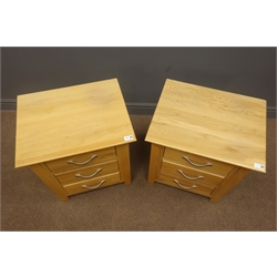  Pair light oak bedside tables, three drawers, stile supports, W50cm, H58cm, D40cm  