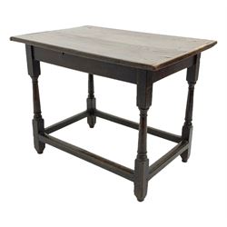 17th century oak joined table, rectangular plank top with boarded ends, turned supports joined by stretchers