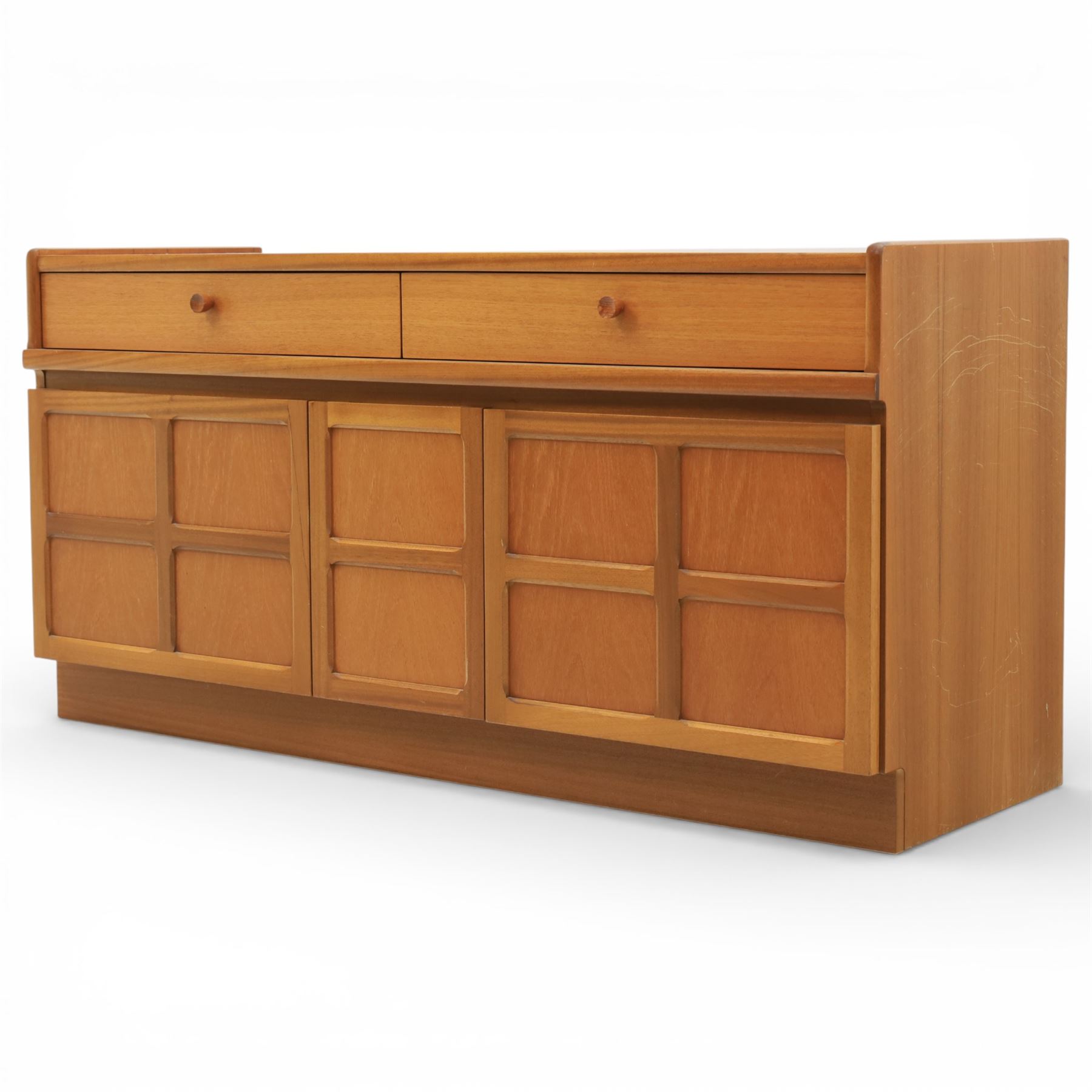 Nathan - 'Squares' low media sideboard, rectangular top over two drawers, above signature square panelled cabinet doors revealing storage for records, on a recessed base