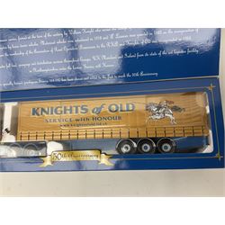 Three Corgi 1:50 scale lorries - Gold Star Special ERF EC Petrol Tanker - BP No.CC11907; limited edition Knights of Old 50th Anniversary 1953-2003 Scania Topline Curtainside No.12911; and limited edition Volvo FH Fridge Trailer - Van der Kwaak No.CC12419; all boxed (3)