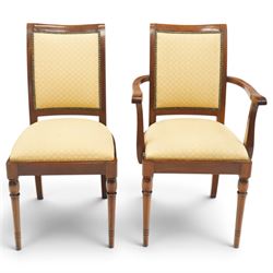 Georgian design mahogany twin pedestal extending dining table, rectangular rounded top on twin tripod pedestals with splayed supports, with additional leaf (W170cm D115cm H77cm); with set six (4+2) matching mahogany framed cameo-back dining chairs, upholstered in pale yellow lozenge patterned fabric (W57cm H94cm)