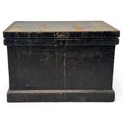 20th century black painted camphorwood lined tool chest, rectangular hinged lid over mould...