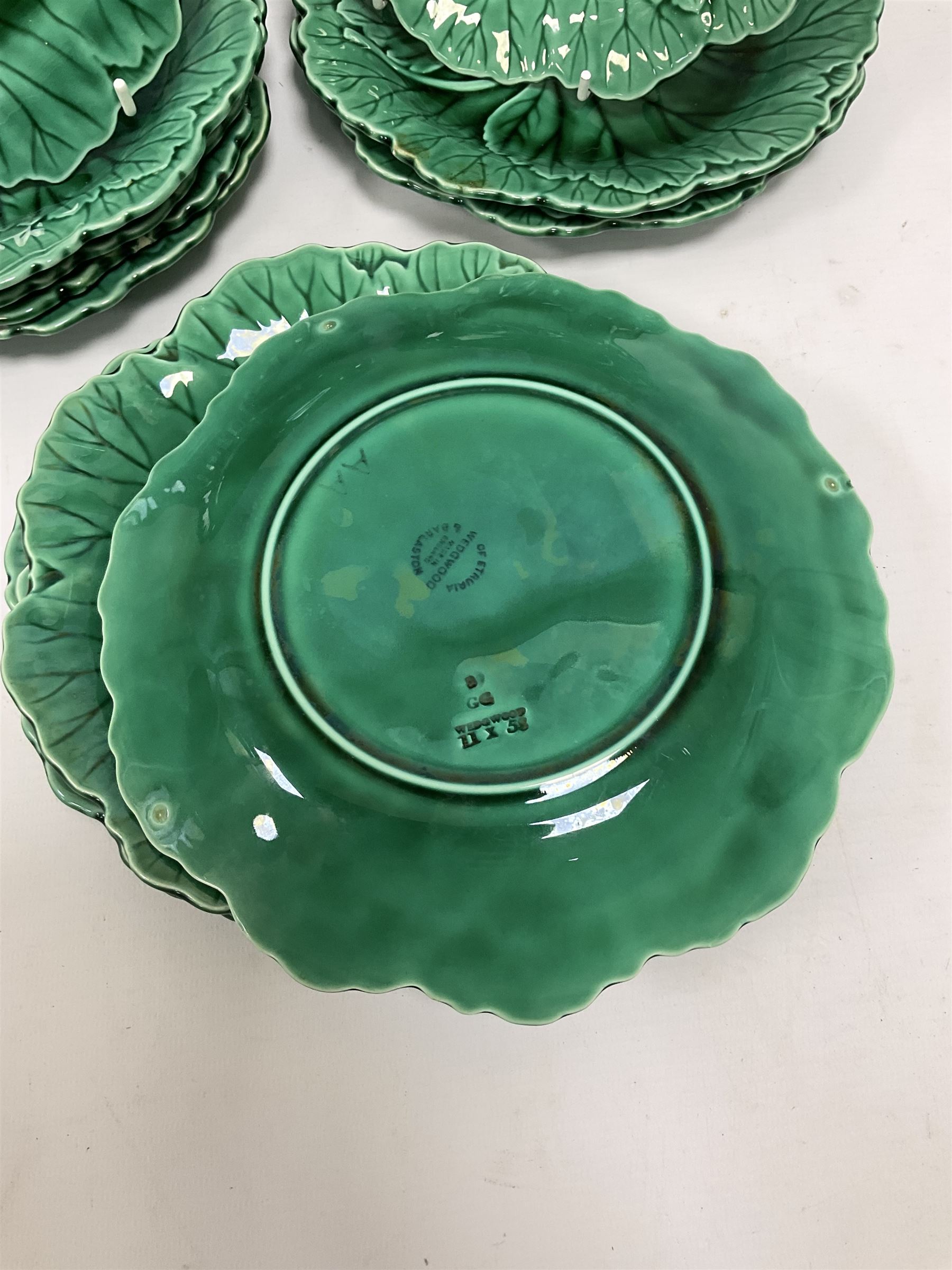 Twelve Wedgwood green majolica leaf dishes, all with printed mark beneath, D20cm
