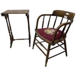 Early 20th century American oak smokers bow tub armchair, shaped cresting rail with pierced handle over ring turned spindle back, seat upholstered in pink tapestry fabric (W56cm, H73cm); small 20th century walnut occasional table on turned supports (W43cm, H70cm, D33cm)