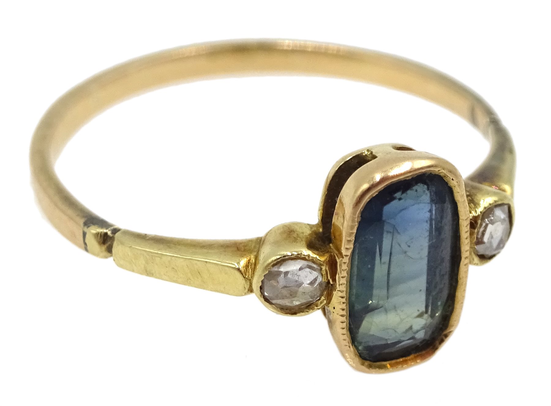 Victorian 18ct gold three stone sapphire and diamond ring