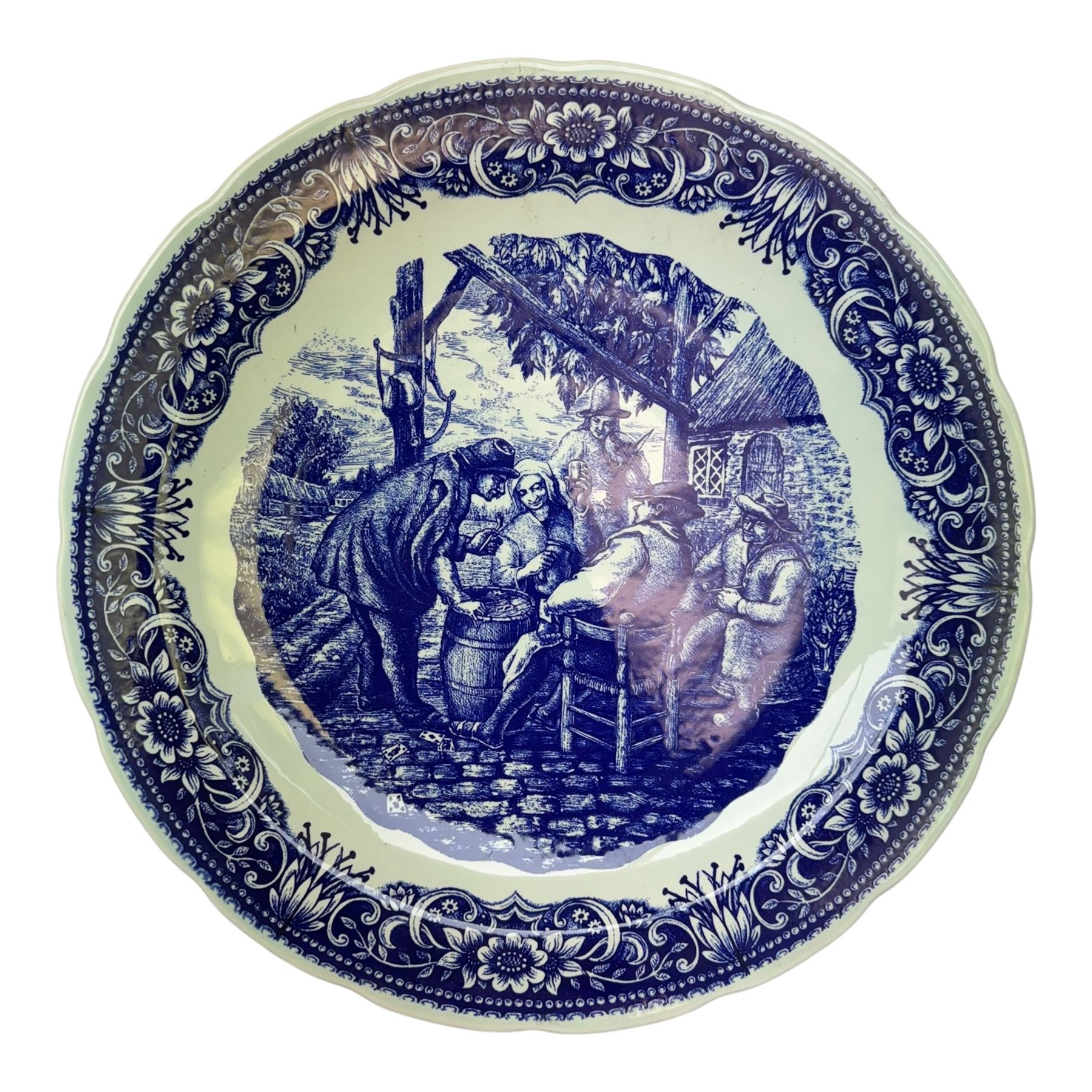 Ten Delft and similar chargers, including Delfts Blauw and Boch examples, largest D40cm