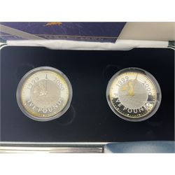 The Royal Mint United Kingdom 'Millennium' silver proof two coin set comprising 1999 and 2000 five pound coins, 2000 'The Queen Mother Centenary Year' silver proof crown, 2001silver proof one pound, 'Her Majesty The Queen Golden Jubilee 1952-2002' silver proof 2002 five pound coin and ten pound banknote set, all being cased with certificates, United Kingdom 1999 brilliant uncirculated coin collection in card folder, other commemorative coinage etc