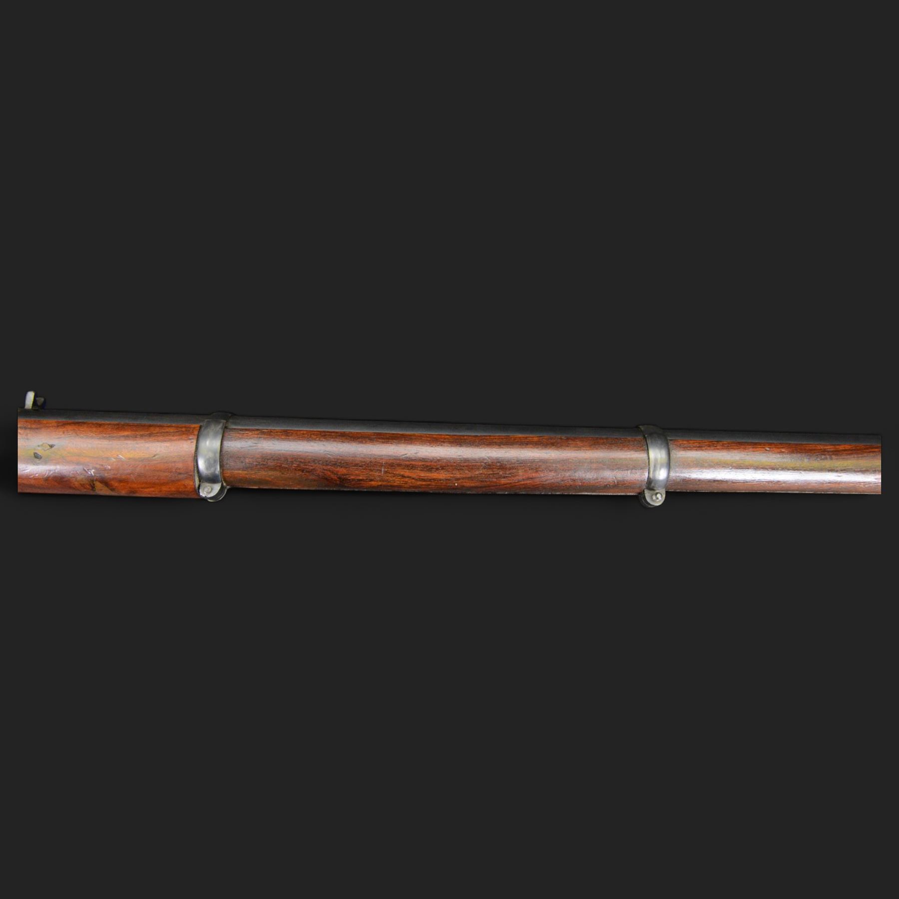 Enfield .577 action rifle, the 91.5cm rifled barrel with three barrel bands and ramrod under, full walnut stock, action marked 'Enfield' with Victoria cypher, overall L131cm