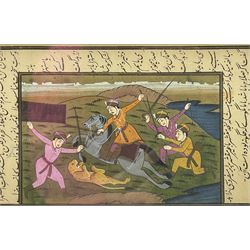 Persian-Indian Naïve School (19th century): Leopard Hunting and Sitting outside, pair gouaches with border of Persian script 12cm x 19cm (2)