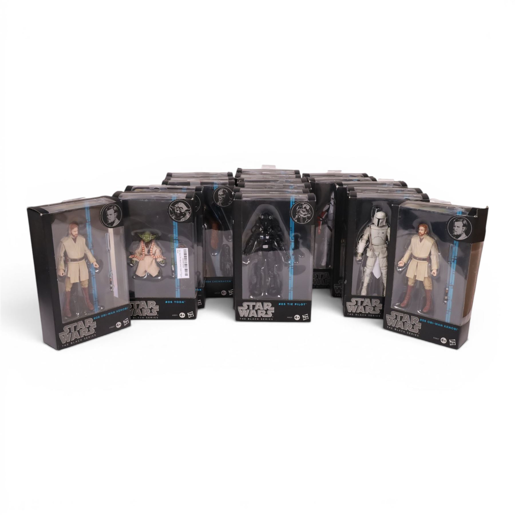 Complete set of sixteen Star Wars The Black Series Blue Wave action figures, comprising Sandtrooper, Darth Vader, Luke Skywalker, Chewbacca, Tie Pilot, Yoda, Clone Trooper Sergeant, two Obi-Wan Kenobi figures, Han Solo, Bossk, Emperor Palpatine, Luke Skywalker, Clone Trooper Captain, Clone Commander Cody, IG-88 and Princess Leia Organa, together with Boba Fett Prototype Armour figure, all boxed  (18)