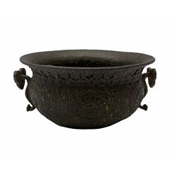 Small antique Chinese bronze censer, with ruyi handles and decorated in light relief with scrolling mythical beasts and characters, with indistinct seal mark beneath, D13cm