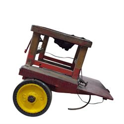 Mid-20th century scratch-built red and yellow painted live-steam scale model of a Showman's Traction Engine, 'Supreme' S.A. Oates & Sons, the simulated full length planked wooden canopy with brass supports and rope edging, with regulator, hand brake, chain steering , dynamo and water feed controls 19cm flywheel, 32cm diameter rear wheels with solid rubber tyres and 21cm diameter front wheels L102cm; together with scratch-built ride-on two-wheel trailer L58cm, and various brass rally plaques for 1980s/1990s.
This is a large, most interesting and comprehensive live-steam working model in need of re-furnishment and some repairs, the boiler has not been tested.