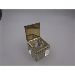 1930s silver mounted glass inkwell, of square form, the silver lid with engine turned decoration and engraved initials, hallmarked Adie Brothers Ltd, Birmingham 1937, H4.7cm
