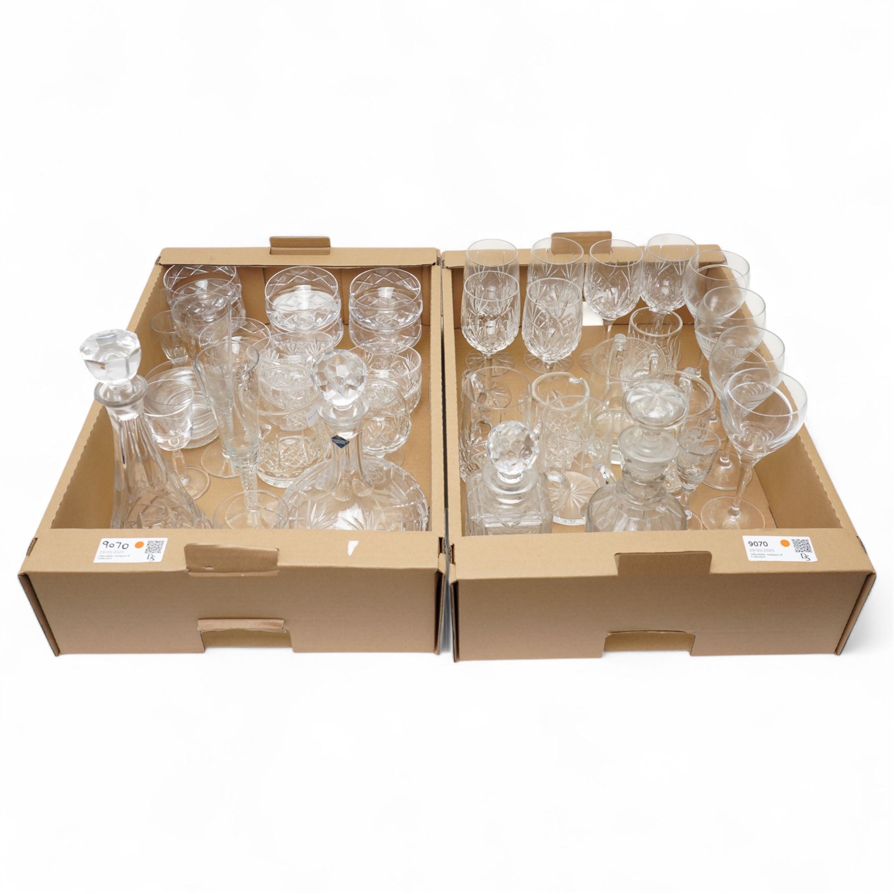 Edinburgh glass ships decanter, other decanters, cut table glass etc in two boxes